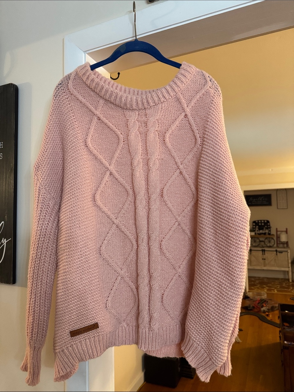 Simply Southern Pink Cable Knit Crewneck Sweater